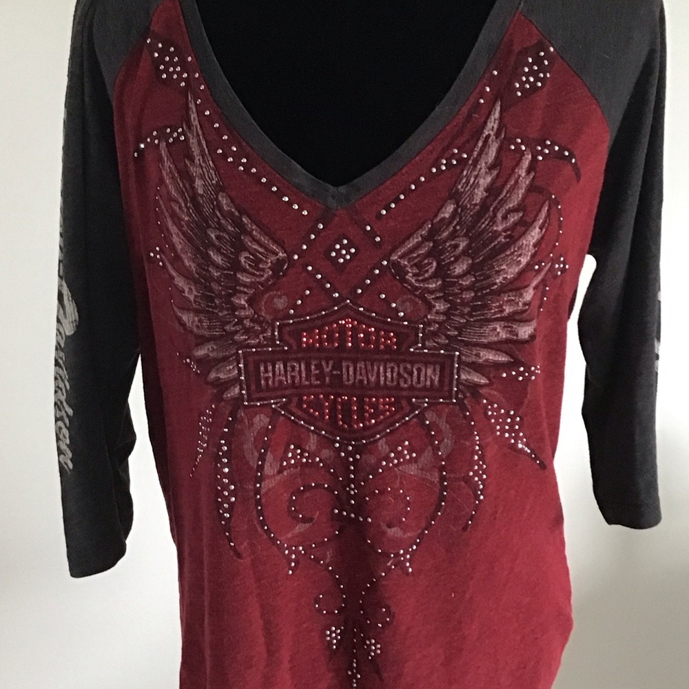 Harley-Davidson Women's Burgundy and Charcoal Long Sleeve Tee